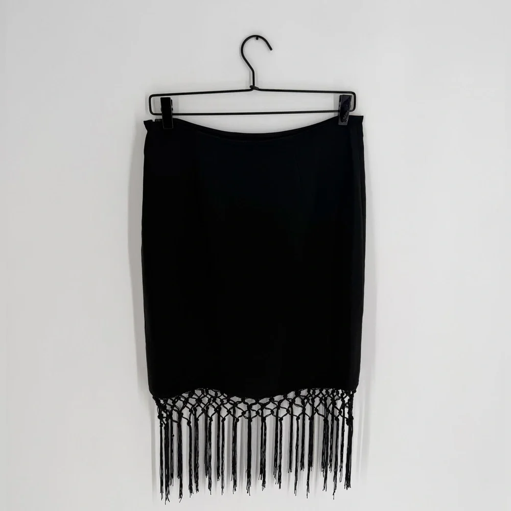 Reformation Rafi Low Rise Crochet Fringed Hem Black Midi Skirt
